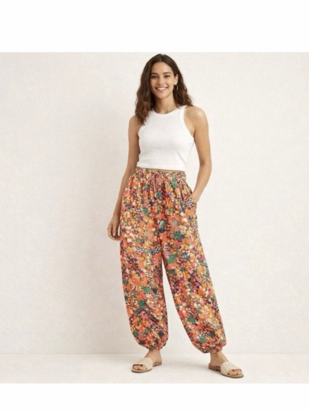Anthropologie Orange Floral Wide-Leg Harem Jogger Pants